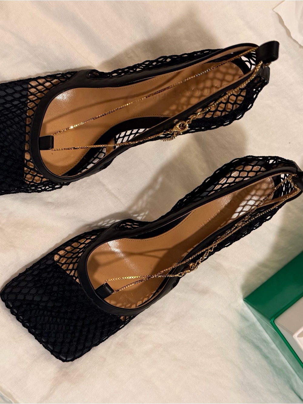 Bottega Veneta Black Mesh Square-Toe Heels with Gold Chain Accent